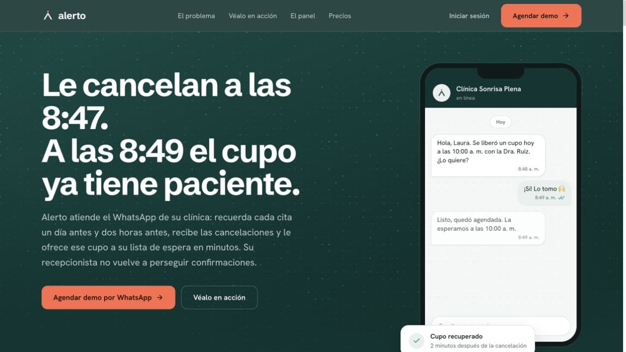 Página real de Alerto para clínicas