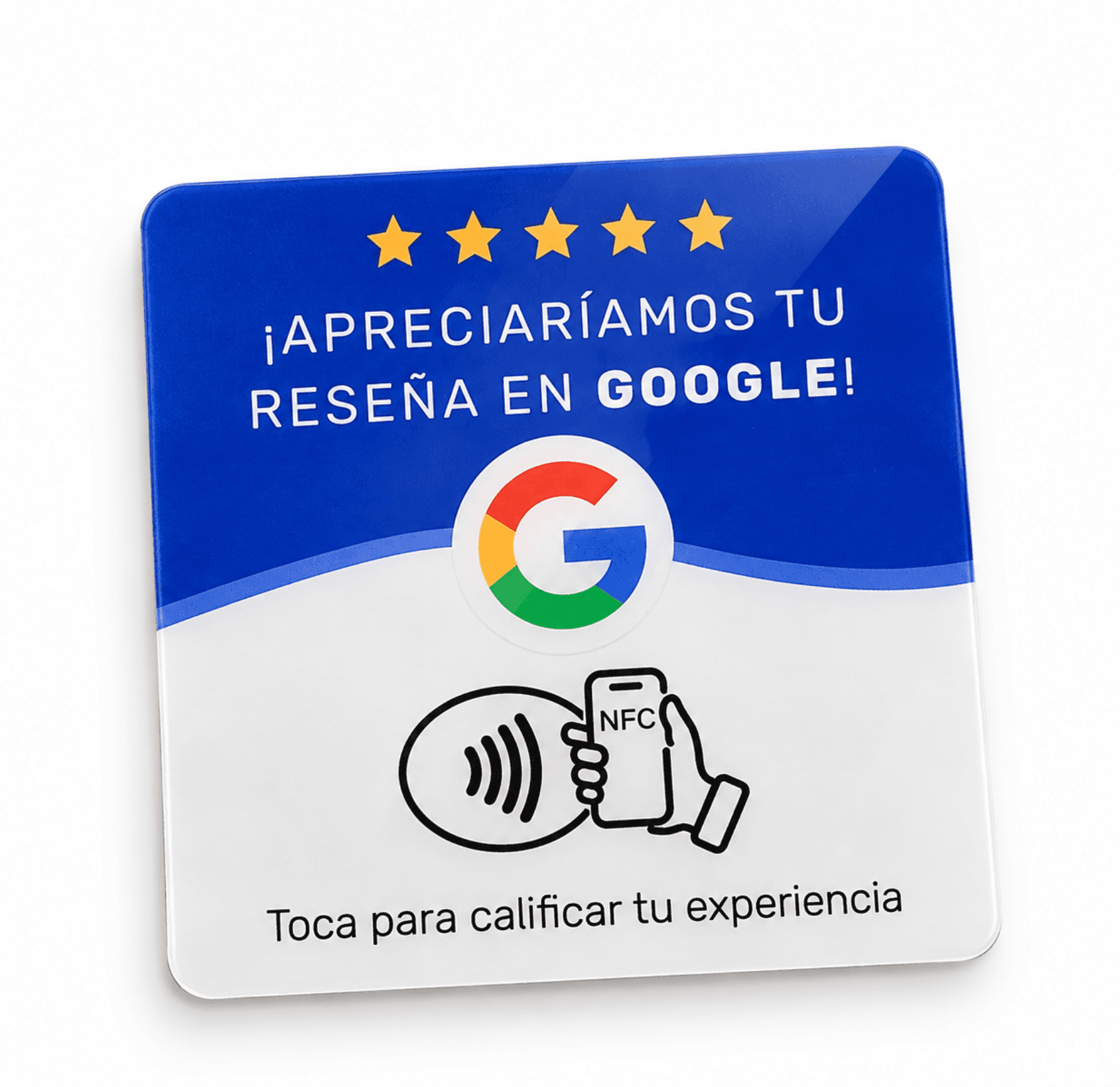 Tarjeta NFC azul y blanca que invita a dejar una reseña en Google al acercar el celular.